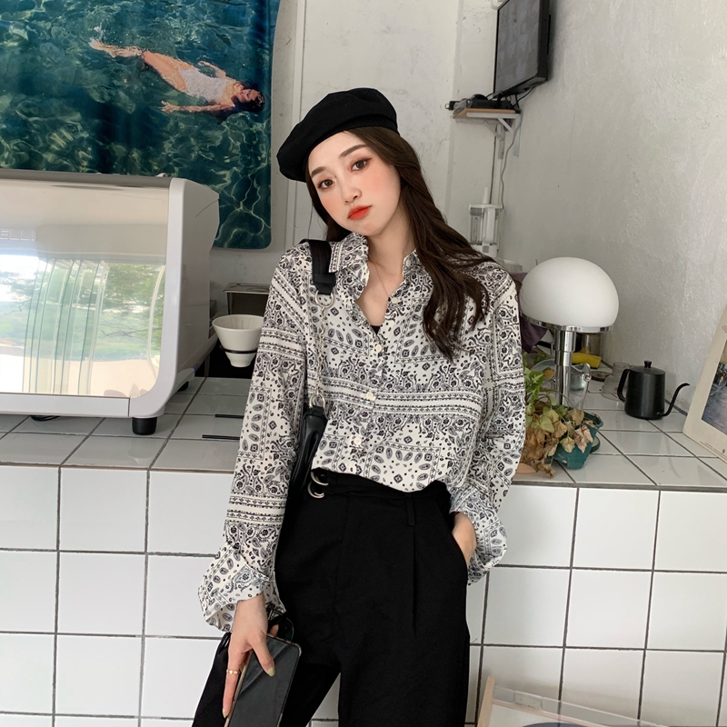 2021 spring new Korean retro design small print loose thin long sleeve shirt