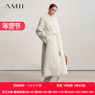 Amii2025冬新款温暖配腰带翻领落肩袖长款环保皮草女宽松毛绒外套