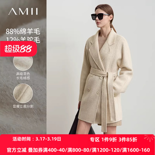 Amii2026冬新款翻驳领羊驼毛羊毛双面呢外套女配腰带双排扣上衣
