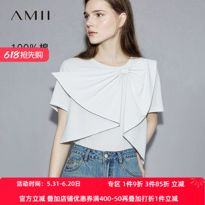 Amii2026夏新款减龄蝴蝶结圆领短袖全棉T恤女宽松设计感休闲上衣