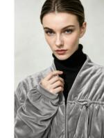 Amii2026冬新款复古通勤风V领橡筋抽褶抽绳丝绒棉衣女弯刀袖上衣 thumbnail 5