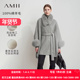Amii2024冬新款 可拆卸狐狸毛配腰带全绵羊毛双面呢女斗篷式 上衣