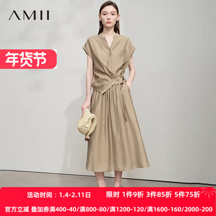 AMII【莱赛尔亚麻套装】韩版休闲简约小飞袖衬衫A字半身裙套装