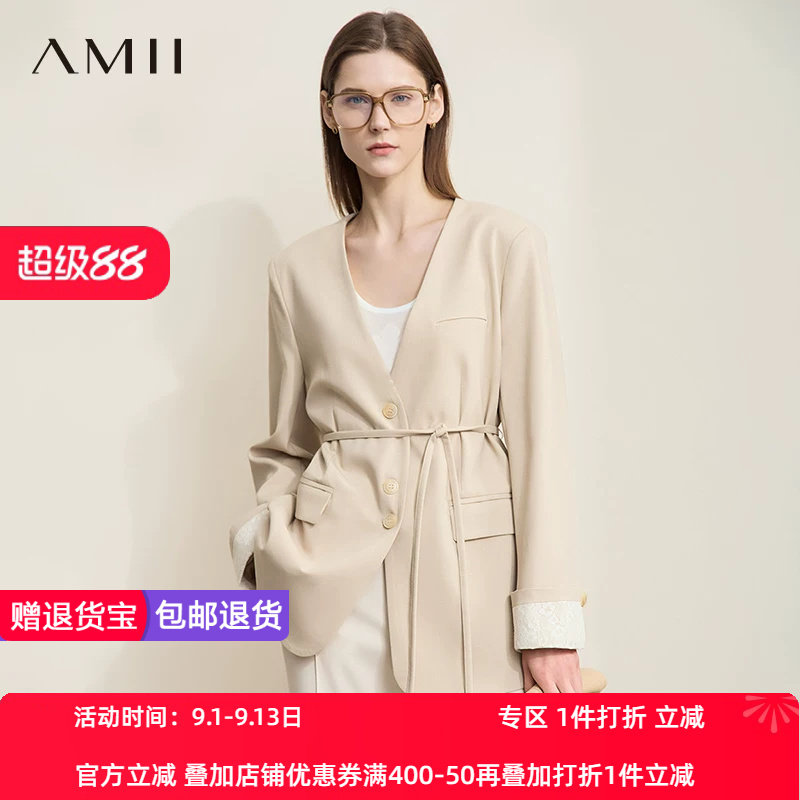 AMII【极简风】25秋款中西结合知性通勤V领中长款西装外套女