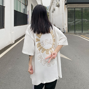 AAXIN 国潮美式情侣短袖t恤女ins潮夏季植绒宽松上衣女装体恤衣服