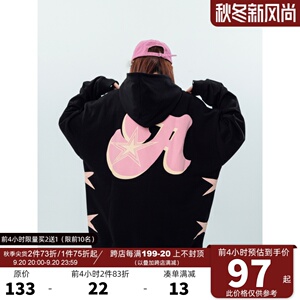 AAXIN 美式复古发泡字母印花连帽卫衣女秋季高街宽松情侣休闲上衣