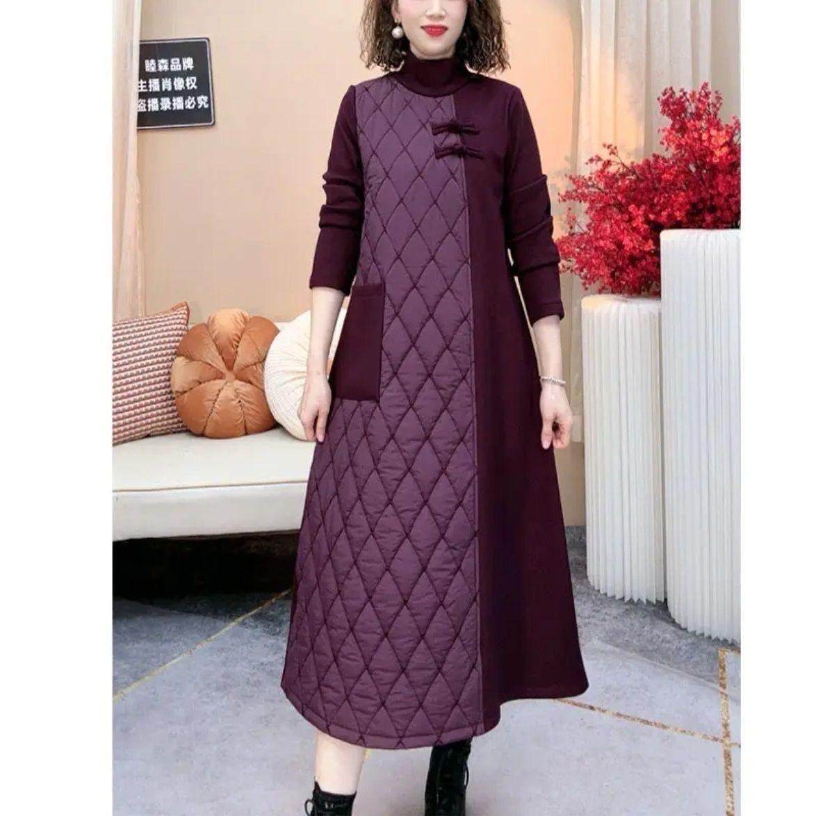 加绒加厚冬季半高领复古新中式连衣裙优雅气质设计中老年复古长裙