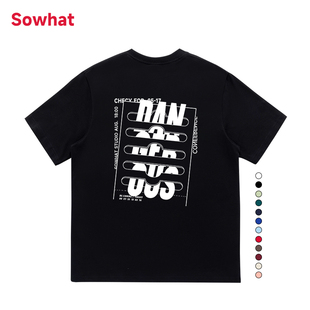 黑色正肩女t恤显瘦短袖ins潮情侣装字母宽松纯棉设计感小众上衣夏