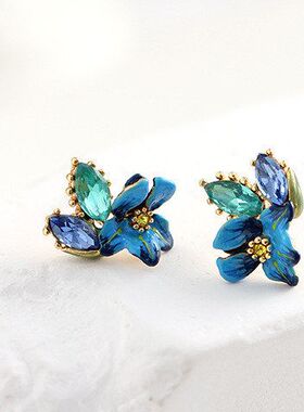 春季新款蓝色鸢尾花椭圆锆石耳钉
