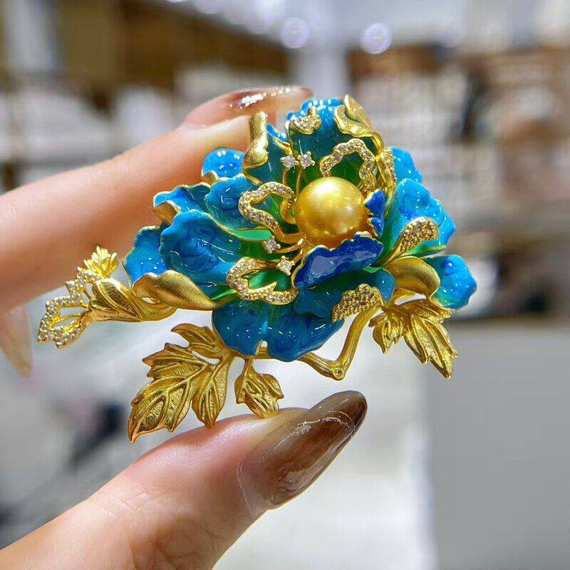 胸针欧美手绘富贵跨境别针镶皓石中国风珍珠女胸花优雅牡丹花旗袍