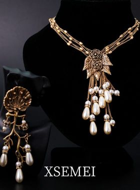 vintage复古宫廷风夸张个性流苏项链耳饰