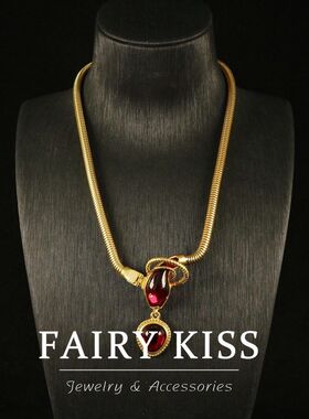 中古优雅时尚精致复古红色琉璃铜镀真金蛇项链 简约百搭新年饰品