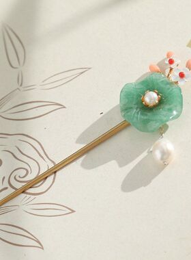 DIY925发簪银女绿色珍珠玉真平安