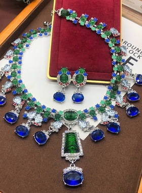 西洋中古重工蓝色莱茵石宝石链项链耳环套装高定夸张高级感锁骨链