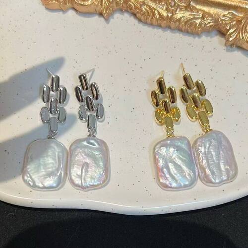 轻奢链条方块巴洛克珍珠耳坠女天然淡水异形珍珠耳饰诸暨珍珠批发