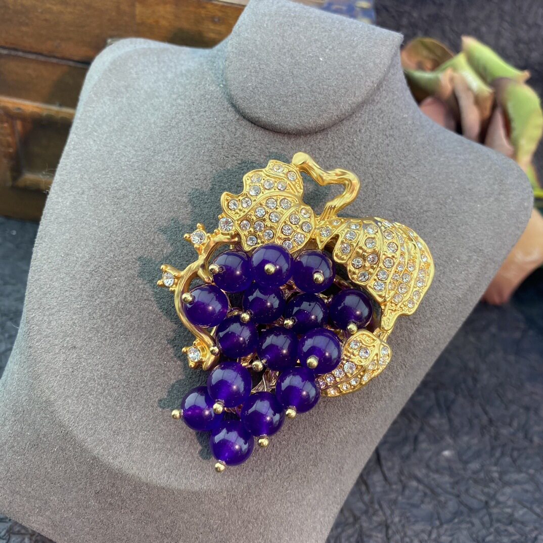 中古vintage 捷克钻镶嵌紫晶石小葡萄造型复古时尚精致贵气款胸针