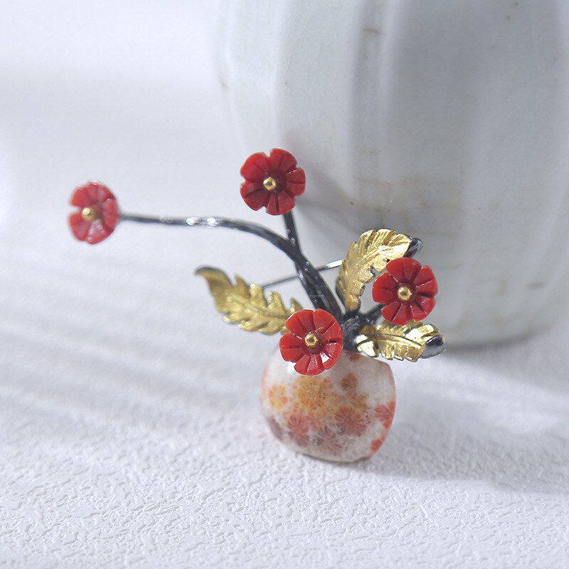 扣胸针小众菊花石珊瑚海竹设计感天然特色别针节日防走光礼旗袍