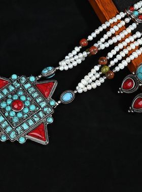 珍珠藏银耳钩民族风纯银松石淡水复古蓝项链耳饰天然纯手工套装