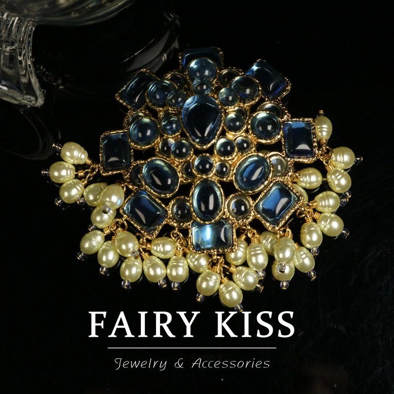 中古重工胸针金属配饰大气胸淡蓝色法式珍珠坠经典时尚女式饰品