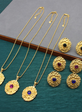 【孤品清仓】中古风出口订单多彩水晶黄铜镀金花朵耳拍素金链耳钉