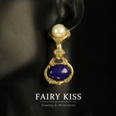 青岛vintage中古饰品 宫廷风石头琉璃镶嵌养殖珍珠简约小众耳饰