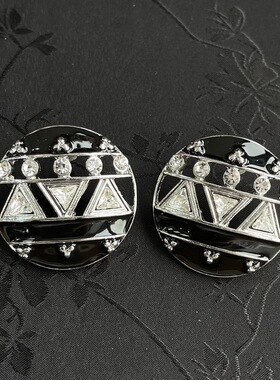 【楠阁】中古vintage 复古基础百搭时尚圆盾捷克钻黑色拼接耳饰