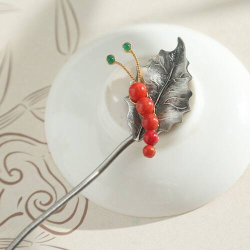 珍珠简约真昆虫发簪树叶银复古