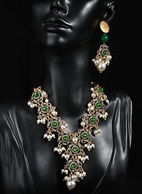 天然手链玛瑙镶钻复古重工订婚宴会首饰祖母绿铜合金宝石项链耳饰