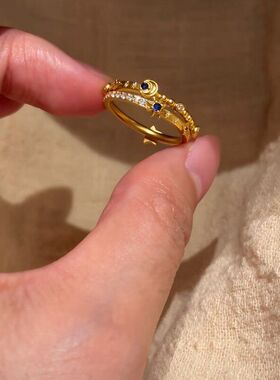 S925纯银日月星辰可转动多样戴戒指复古星月双层手饰高级叠戴饰品