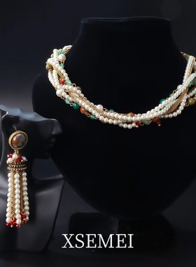 夏季中古夸张复古宫廷珍珠玛瑙多层重工扭扭链锁骨项链流苏红色高