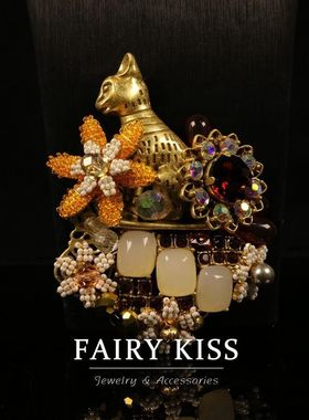 精致复古手工编织果冻花朵小猫胸针个性设计青岛vintage中古饰品