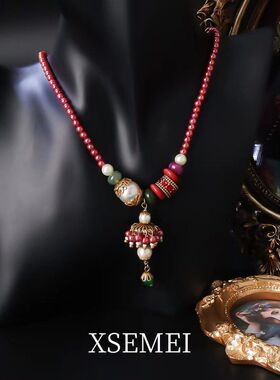 古风汉服项链配饰红色民族风女项链耳饰套装