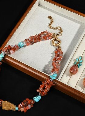 锁玛瑙设计师高级感vintage石中古天然耳饰短款套装项链夸张小众