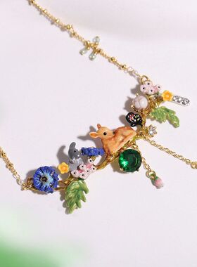 律动森林系列蓝色花朵小鹿斑比兔绿色锆石项链