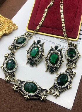 【孤品清仓】中古风祖母绿项链耳环做旧镀真金镂空毛衣链耳钉