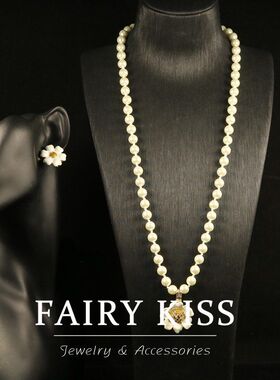 精致白色山茶花项链吊坠手工琉璃珠长款毛衣链女中古饰品