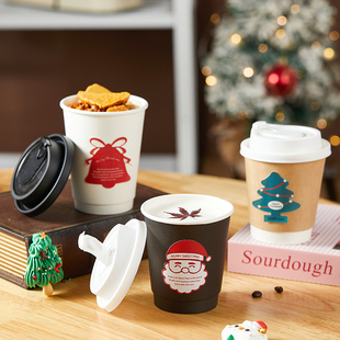 2025圣诞节一次性外带奶茶咖啡豆浆冷热饮打包加厚纸杯子带盖外卖