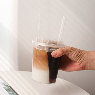 网红双享杯一杯两饮双拼塑料奶茶杯加厚双响炮分享S型耐热鸳鸯杯