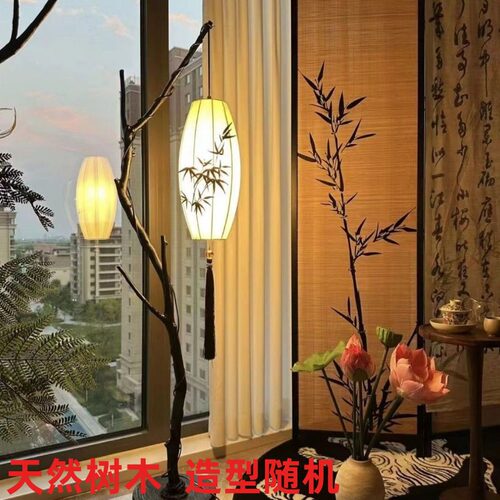 茶室禅意灯笼风氛围复古布艺落地灯灯中国新中式灯树枝款客厅钓鱼