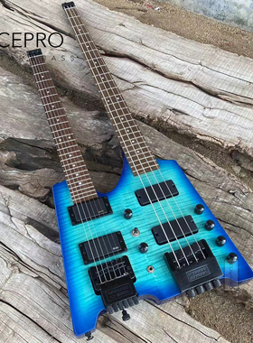 爱艺思/Acepro黑色圈蓝色双无头吉他低音电贝司双琴颈摇滚金属
