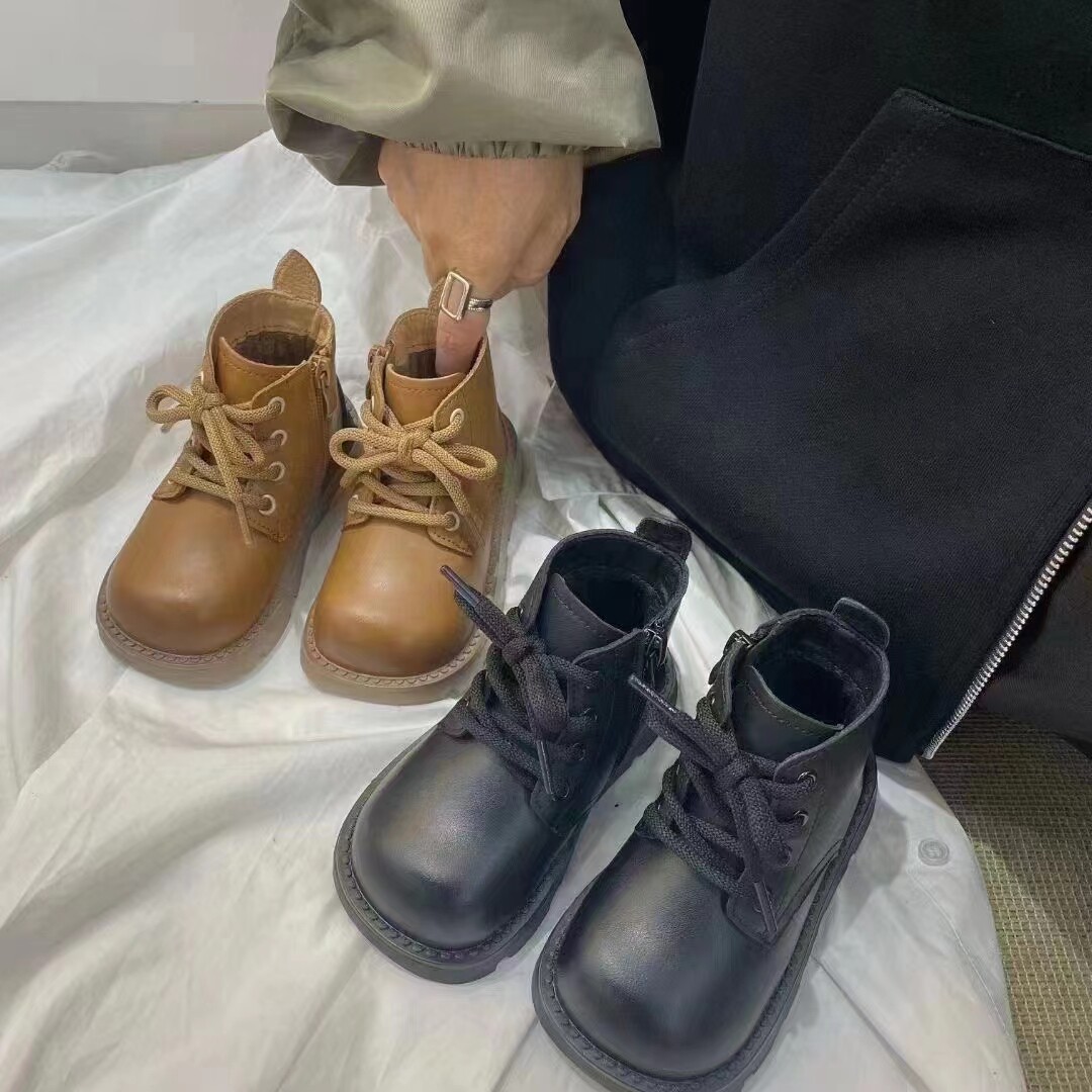 冬季新款加绒韩版马丁靴男女童洋气英伦皮靴学生中筒靴潮22-37码