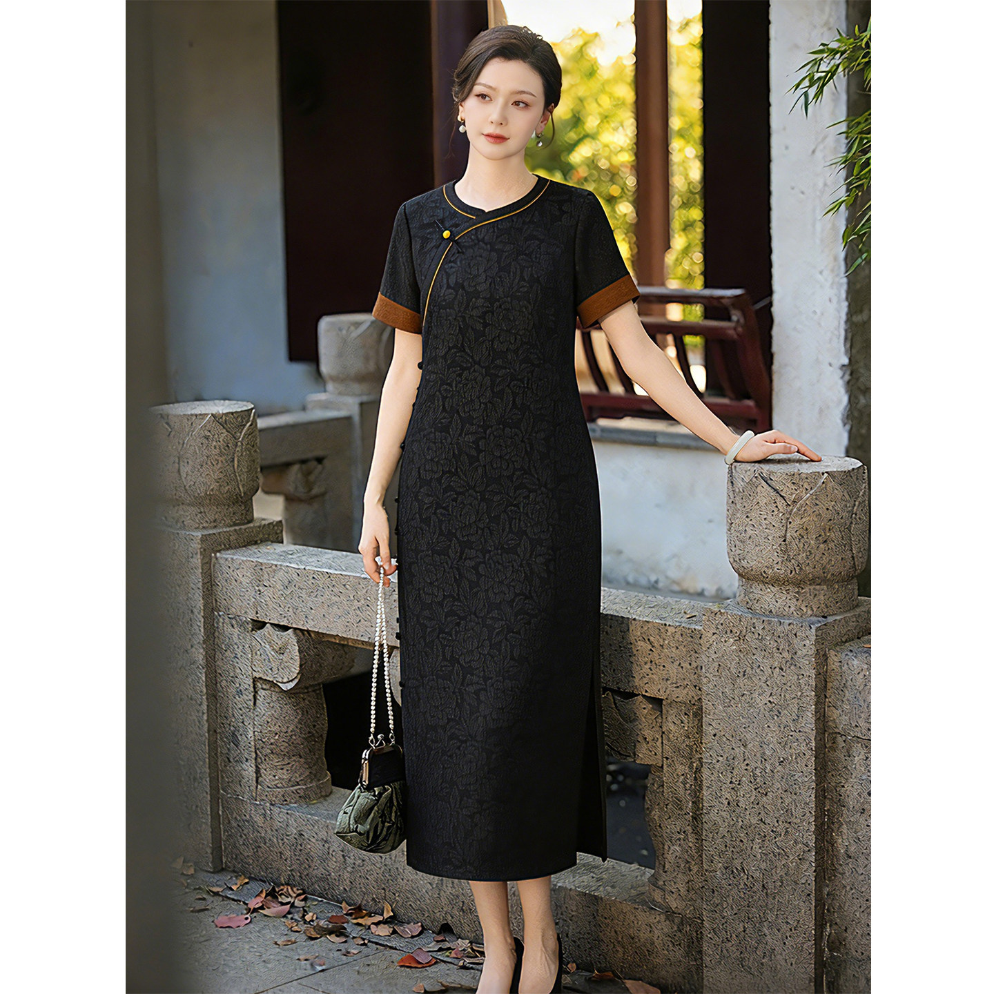 复古风黑色短袖旗袍女日常中式长裙提花冠乐绉香云纱连衣裙图片