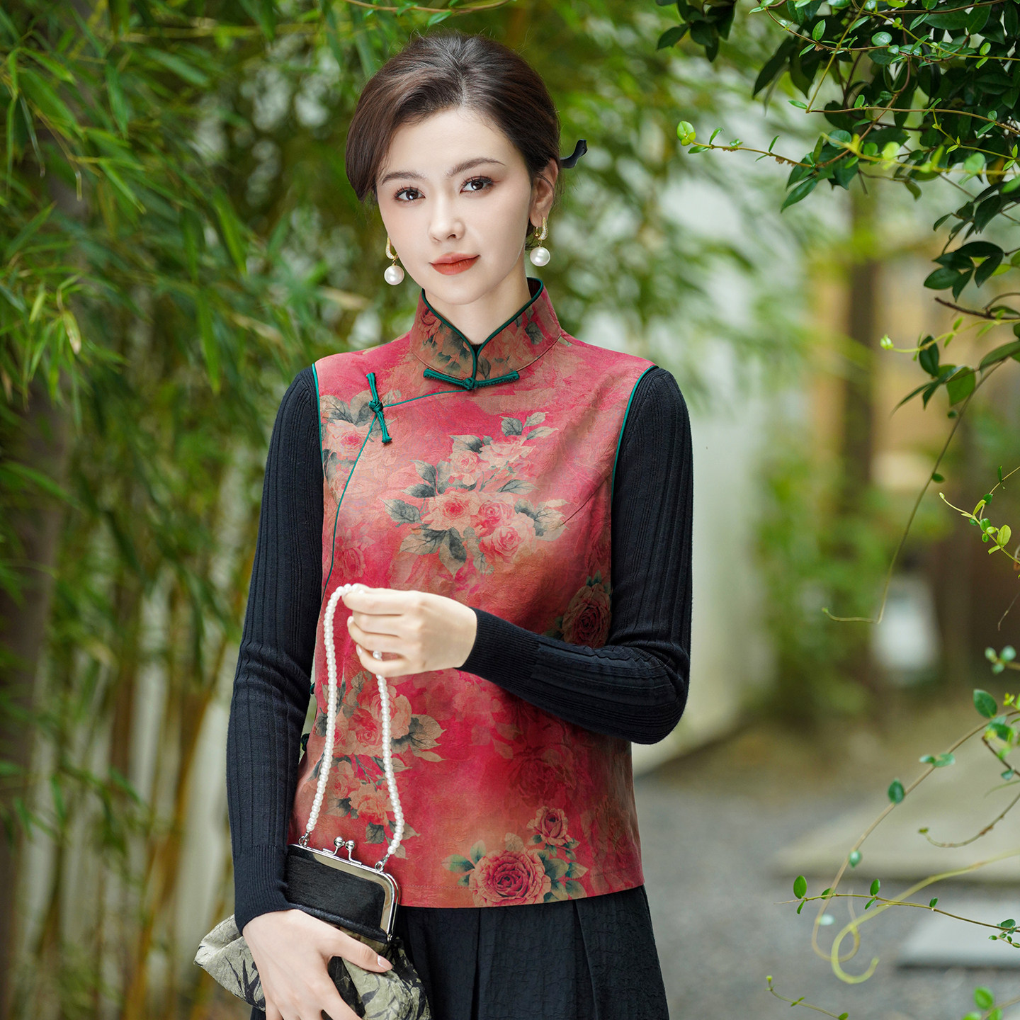 真丝提花绢纺香云纱马夹新中式改良百搭背心红色马甲显白显气质