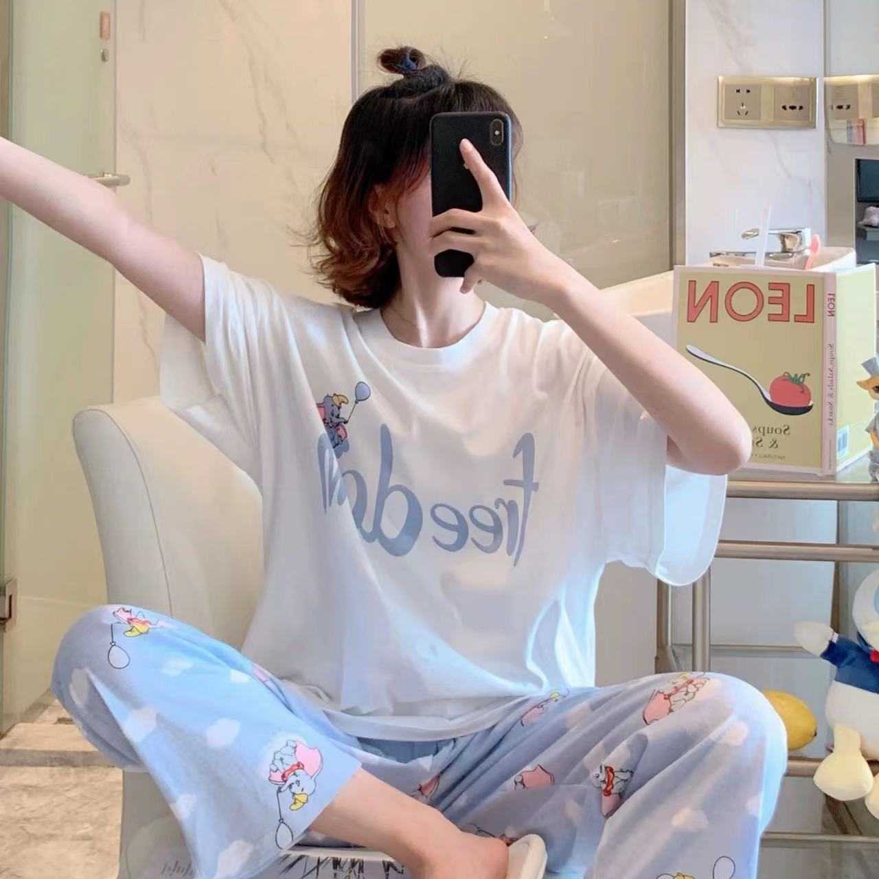 外贸新款韩版卡通睡衣女短袖长裤少女士可外穿家居服春秋套装