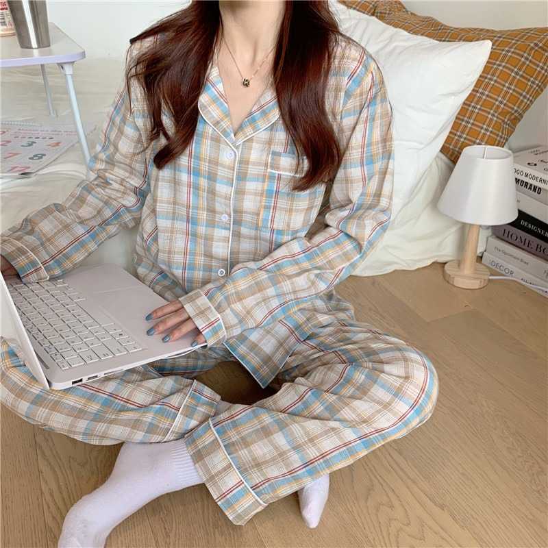 春秋开衫睡衣女长袖长裤ins卡通可爱薄款家居服套装外贸