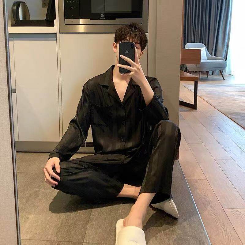 男士冰丝绸睡衣春秋季长袖薄款学生简约情侣款家居服男可外穿套装