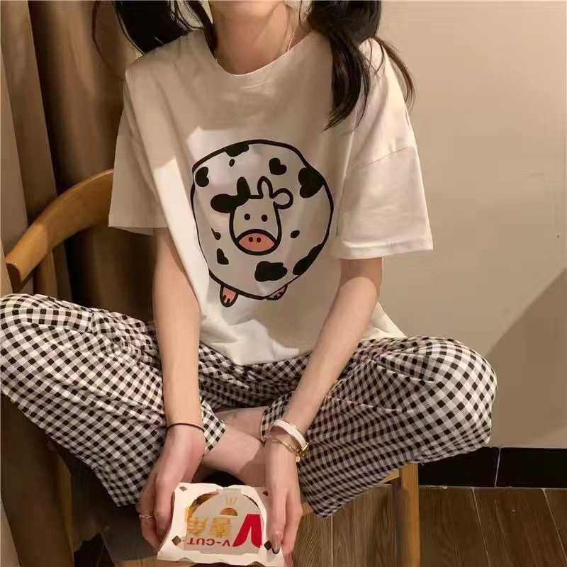 睡衣女夏季韩版圆领短袖长裤宽松学生加大码两件套装可外穿家居服