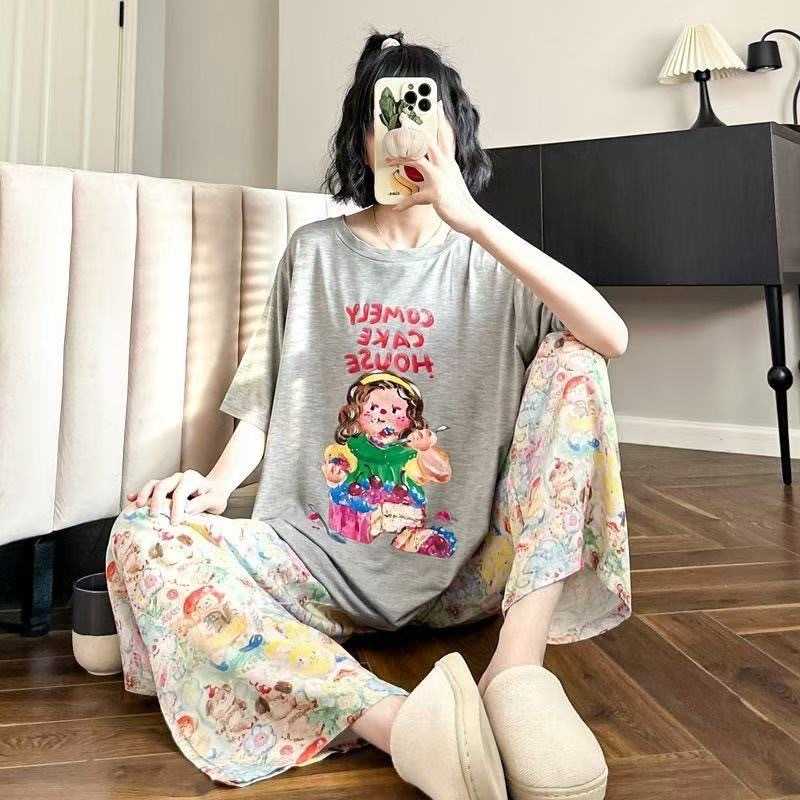 睡衣女士圆领夏季短袖薄款卡通甜美可爱长裤卡通家居服春秋季套装