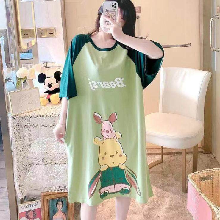 新款夏宽松大码甜美可爱卡通短袖中长款少女可外穿短袖睡裙