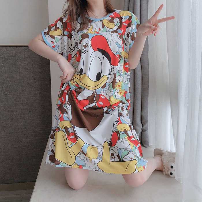外贸夏宽松大码甜美可爱卡通短袖中长款女可外穿短袖连衣睡裙厂家